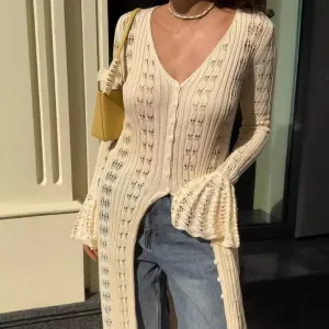 Women's Hollow Out Knit Cardigans Flared Sleeve Casual Knitted Dress Long Sleeve Cardigan Kimono for Women Dress