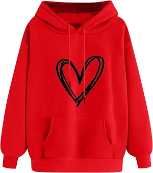 Women's Hooded Sweatshirts Long Sleeve Love Heart Graphic Print Pullover Cute Fleece Hoodies with Pocket