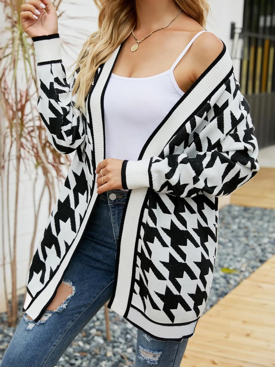 Women's Houndstooth Open-Front Cardigan Sweater, Knit Long Sleeve Loose Fit Lightweight Cover-Up