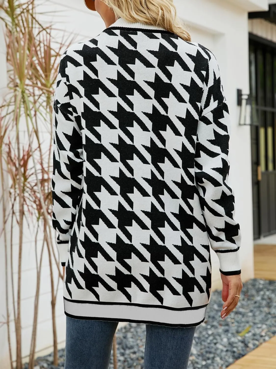 Women's Houndstooth Open-Front Cardigan Sweater, Knit Long Sleeve Loose Fit Lightweight Cover-Up