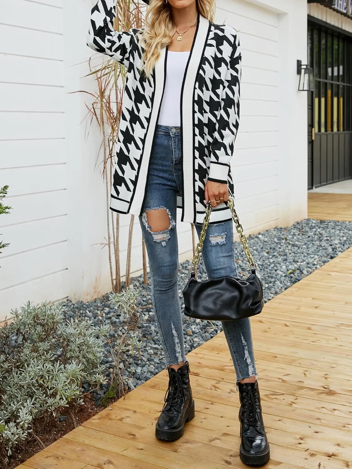 Women's Houndstooth Open-Front Cardigan Sweater, Knit Long Sleeve Loose Fit Lightweight Cover-Up