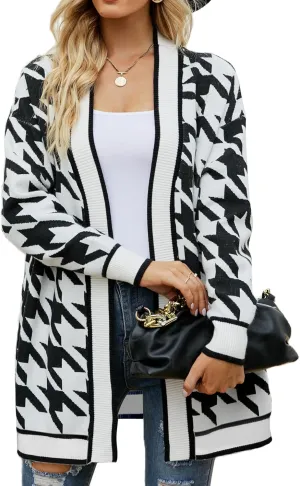 Women's Houndstooth Open-Front Cardigan Sweater, Knit Long Sleeve Loose Fit Lightweight Cover-Up