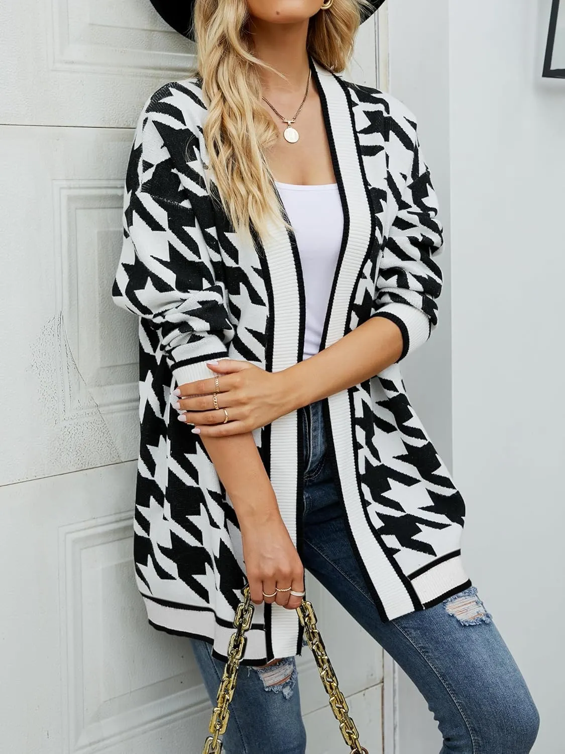Women's Houndstooth Open-Front Cardigan Sweater, Knit Long Sleeve Loose Fit Lightweight Cover-Up