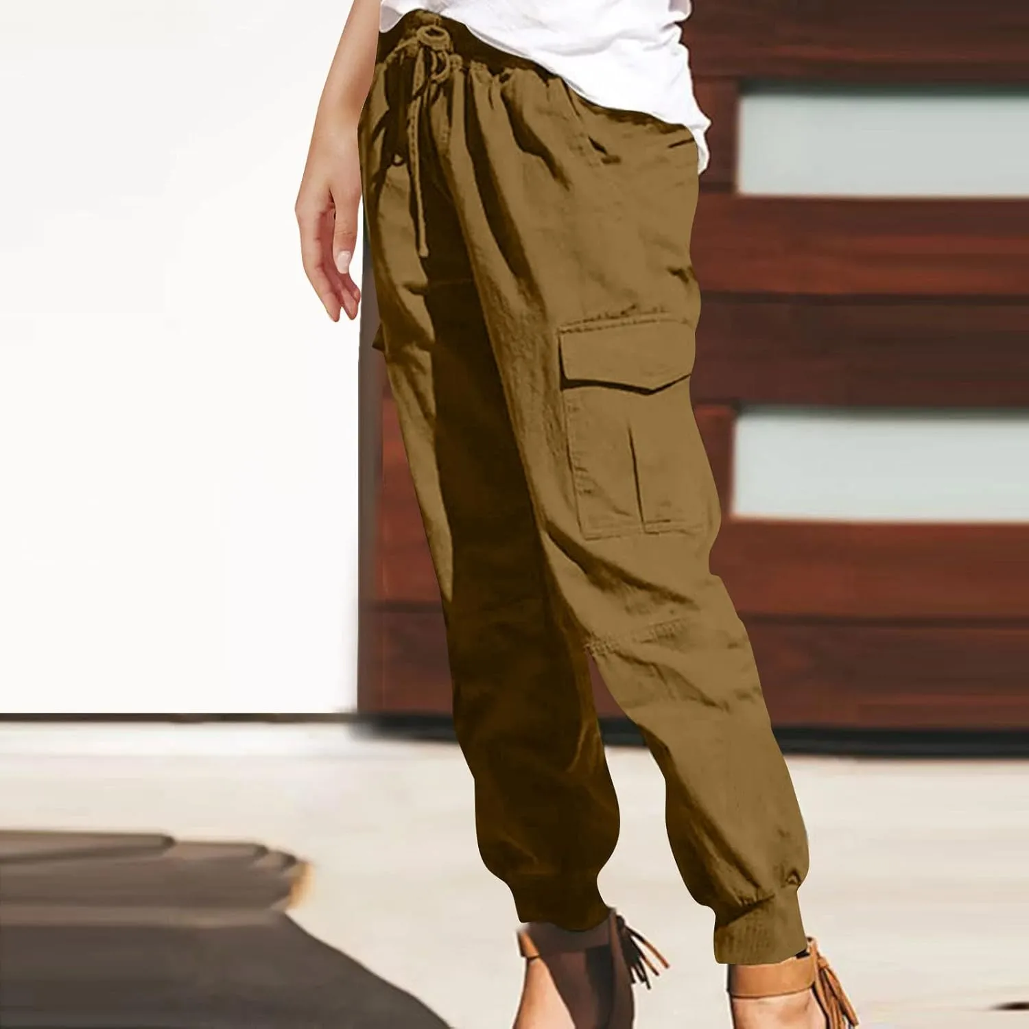 Womens Jogger Cargo Pants With Pockets Plus Size Casual Drawstring Elastic Waist Trousers Solid Loose Parachute Pants