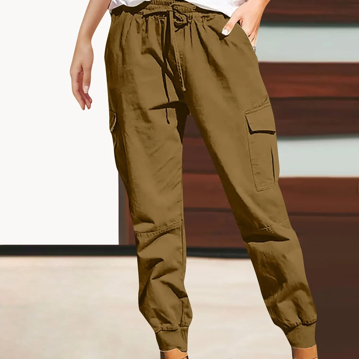 Womens Jogger Cargo Pants With Pockets Plus Size Casual Drawstring Elastic Waist Trousers Solid Loose Parachute Pants