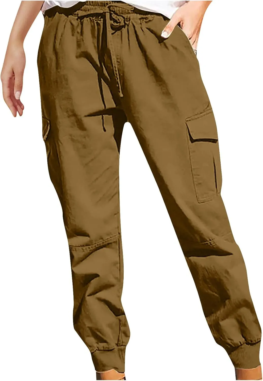 Womens Jogger Cargo Pants With Pockets Plus Size Casual Drawstring Elastic Waist Trousers Solid Loose Parachute Pants