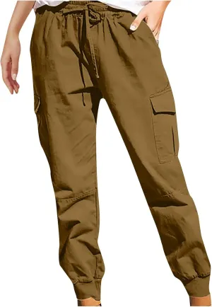 Womens Jogger Cargo Pants With Pockets Plus Size Casual Drawstring Elastic Waist Trousers Solid Loose Parachute Pants