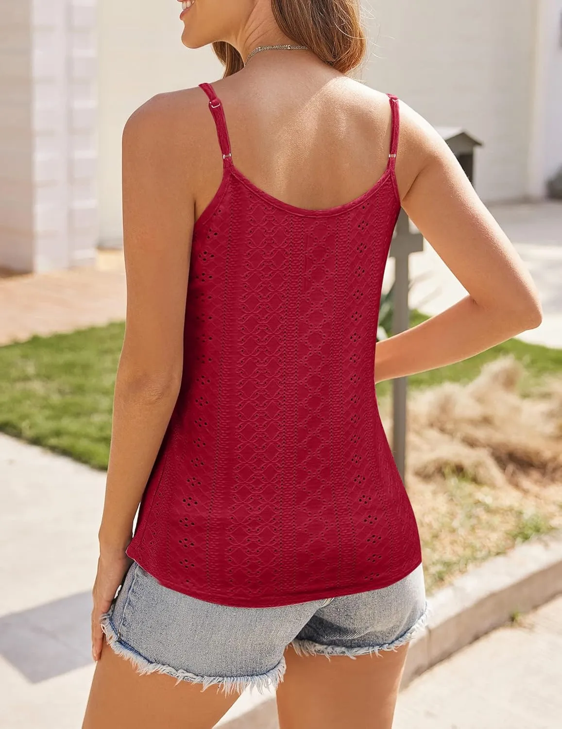 Womens Lace Camisole Tops V Neck Spaghetti Strap Cute Top Sleeveless Blouses Loose Fit Eyelet Tops for Women