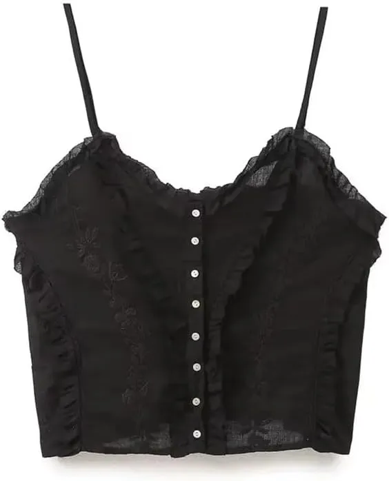 Women's Lace Panel Floral Embroidery Single Breasted Short Camisole