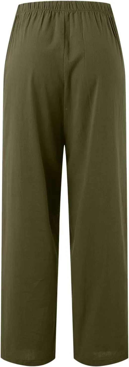 Women's Linen Blend Pants High Waisted Baggy Pants with Elastic Waist Relax Fit Lantern Trouser with Pockets
