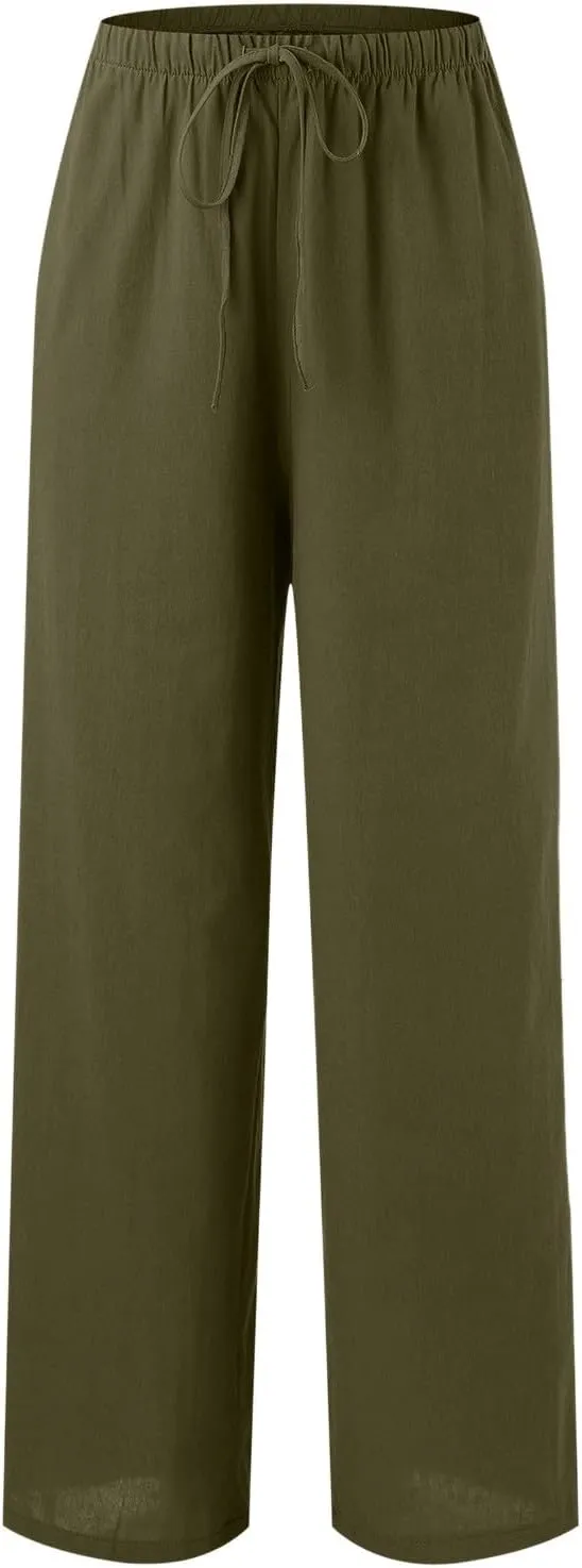 Women's Linen Blend Pants High Waisted Baggy Pants with Elastic Waist Relax Fit Lantern Trouser with Pockets
