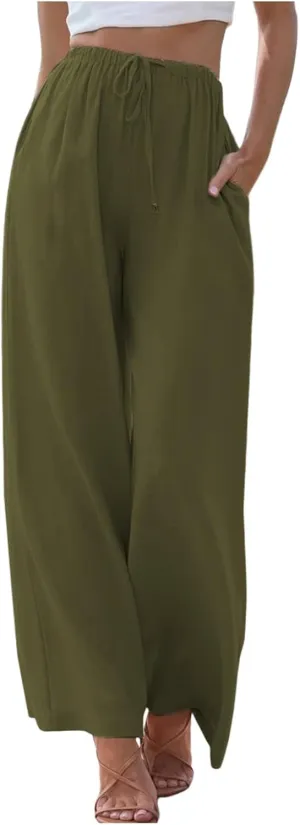 Women's Linen Blend Pants High Waisted Baggy Pants with Elastic Waist Relax Fit Lantern Trouser with Pockets