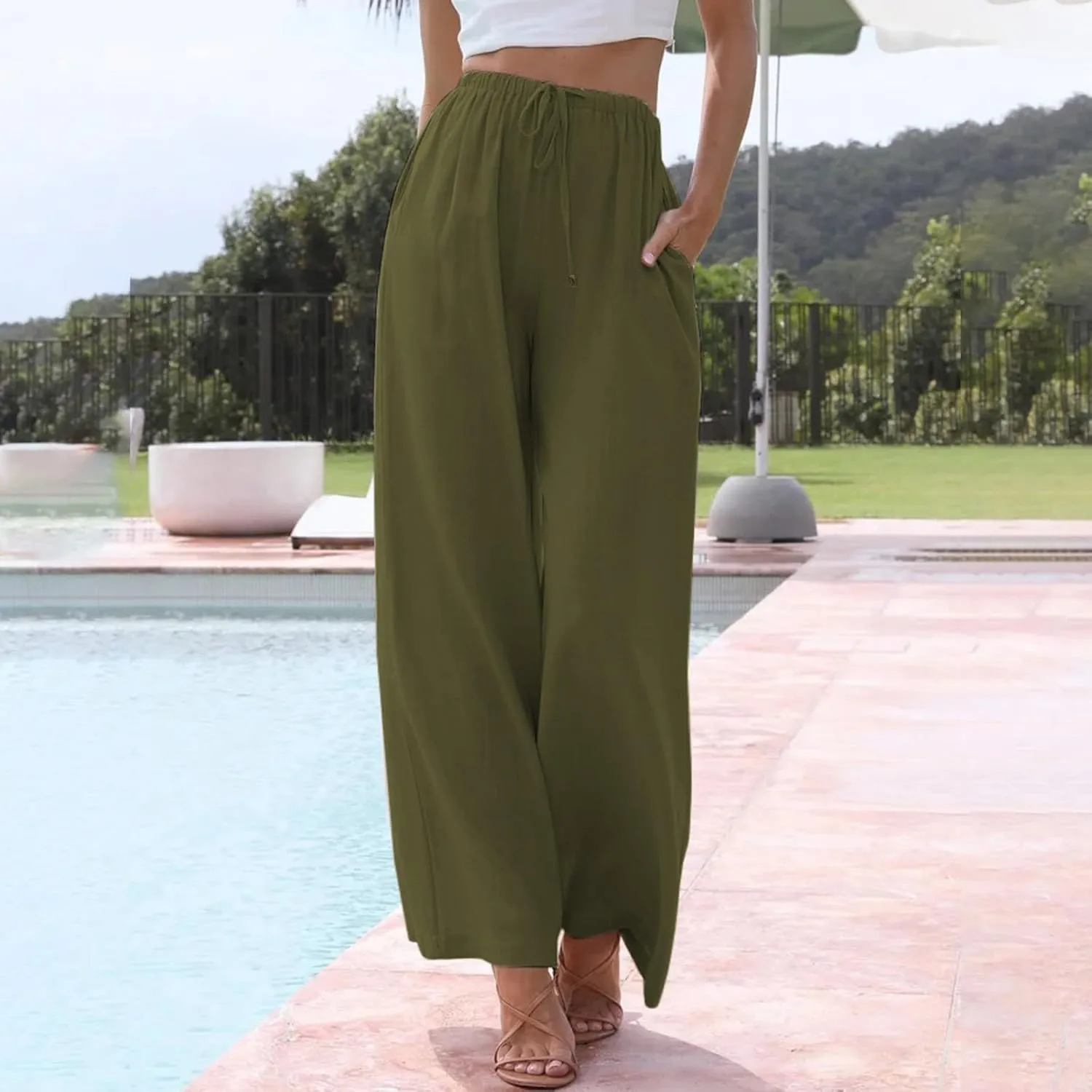 Women's Linen Blend Pants High Waisted Baggy Pants with Elastic Waist Relax Fit Lantern Trouser with Pockets