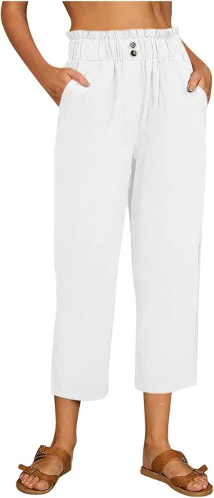 Women's Linen Blend Summer Floral Palazzo Pants Elastic Waist Ankle Length Loose Fit Trouser Trendy