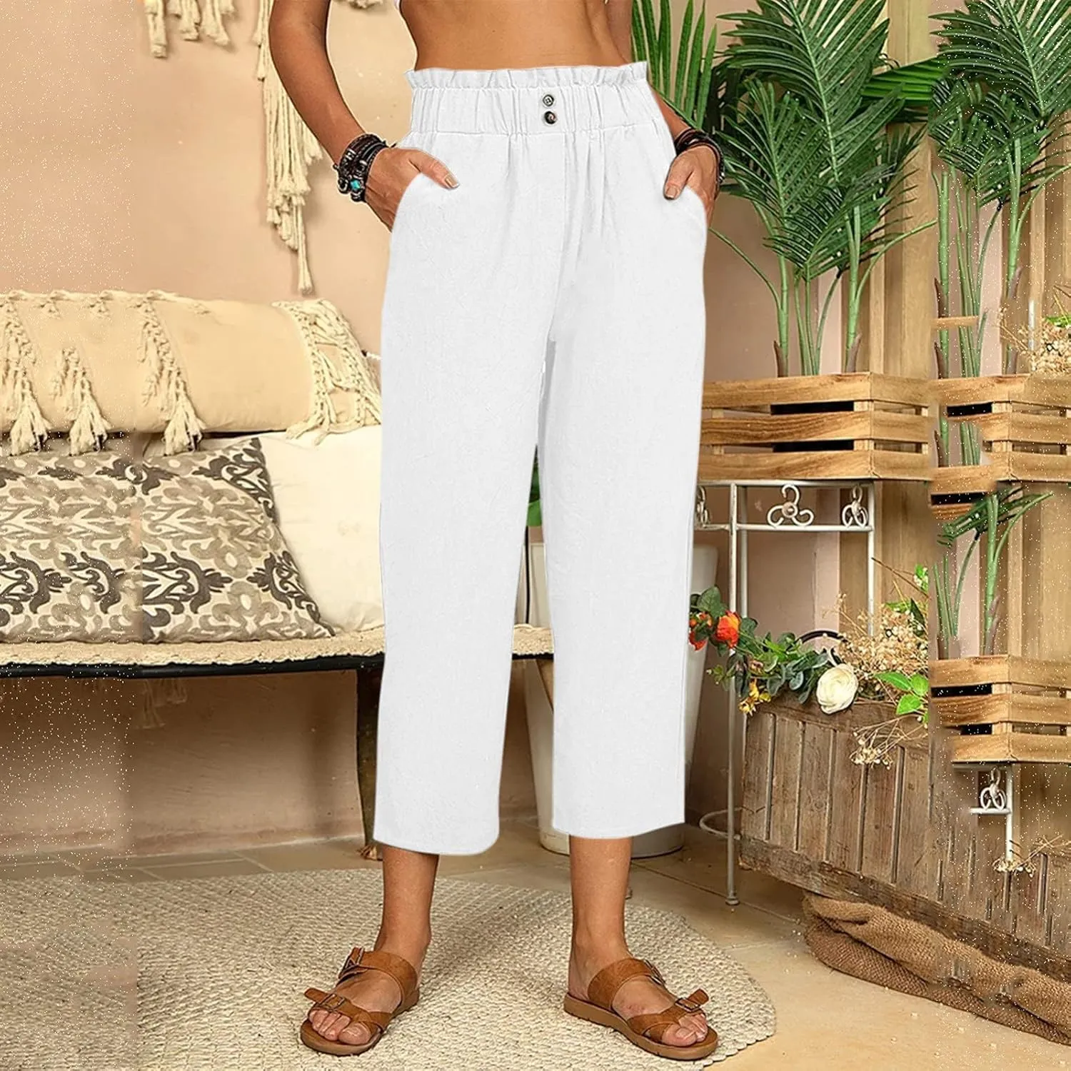 Women's Linen Blend Summer Floral Palazzo Pants Elastic Waist Ankle Length Loose Fit Trouser Trendy