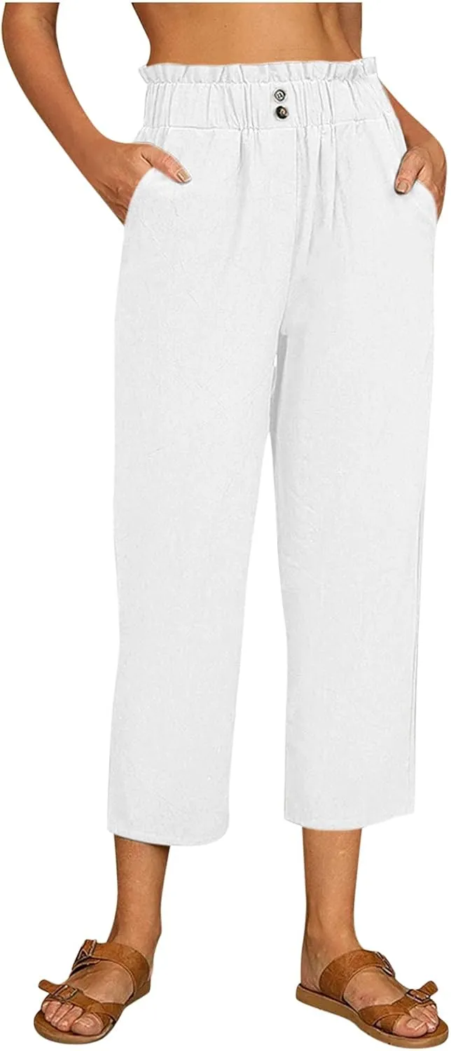 Women's Linen Blend Summer Floral Palazzo Pants Elastic Waist Ankle Length Loose Fit Trouser Trendy