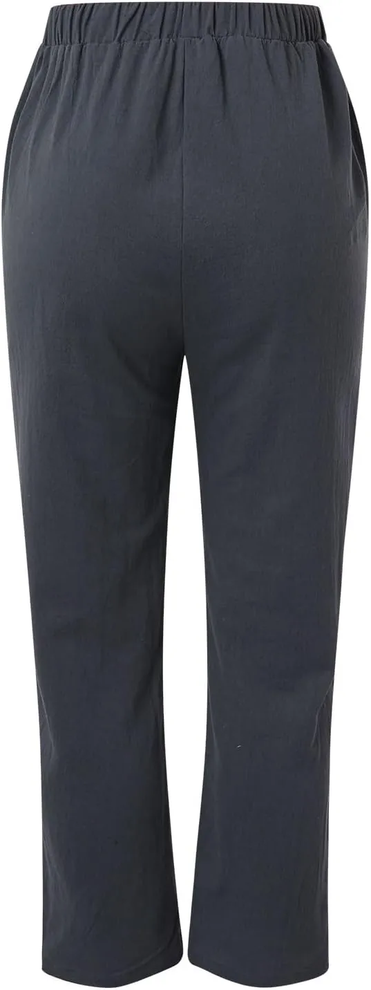 Women's Linen Blend Summer Loose Flowy Palazzo Pants Elastic Waist Stretchy Slim Fit Trouser Vacation