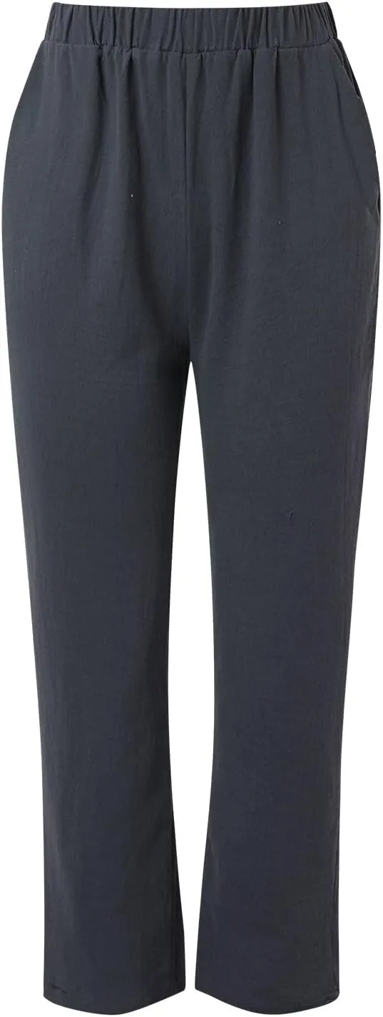 Women's Linen Blend Summer Loose Flowy Palazzo Pants Elastic Waist Stretchy Slim Fit Trouser Vacation