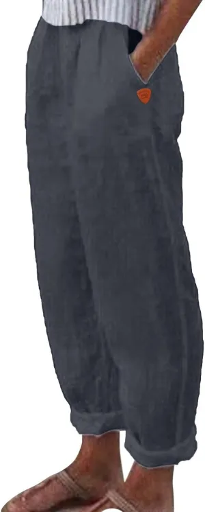 Women's Linen Blend Summer Loose Flowy Palazzo Pants Elastic Waist Stretchy Slim Fit Trouser Vacation