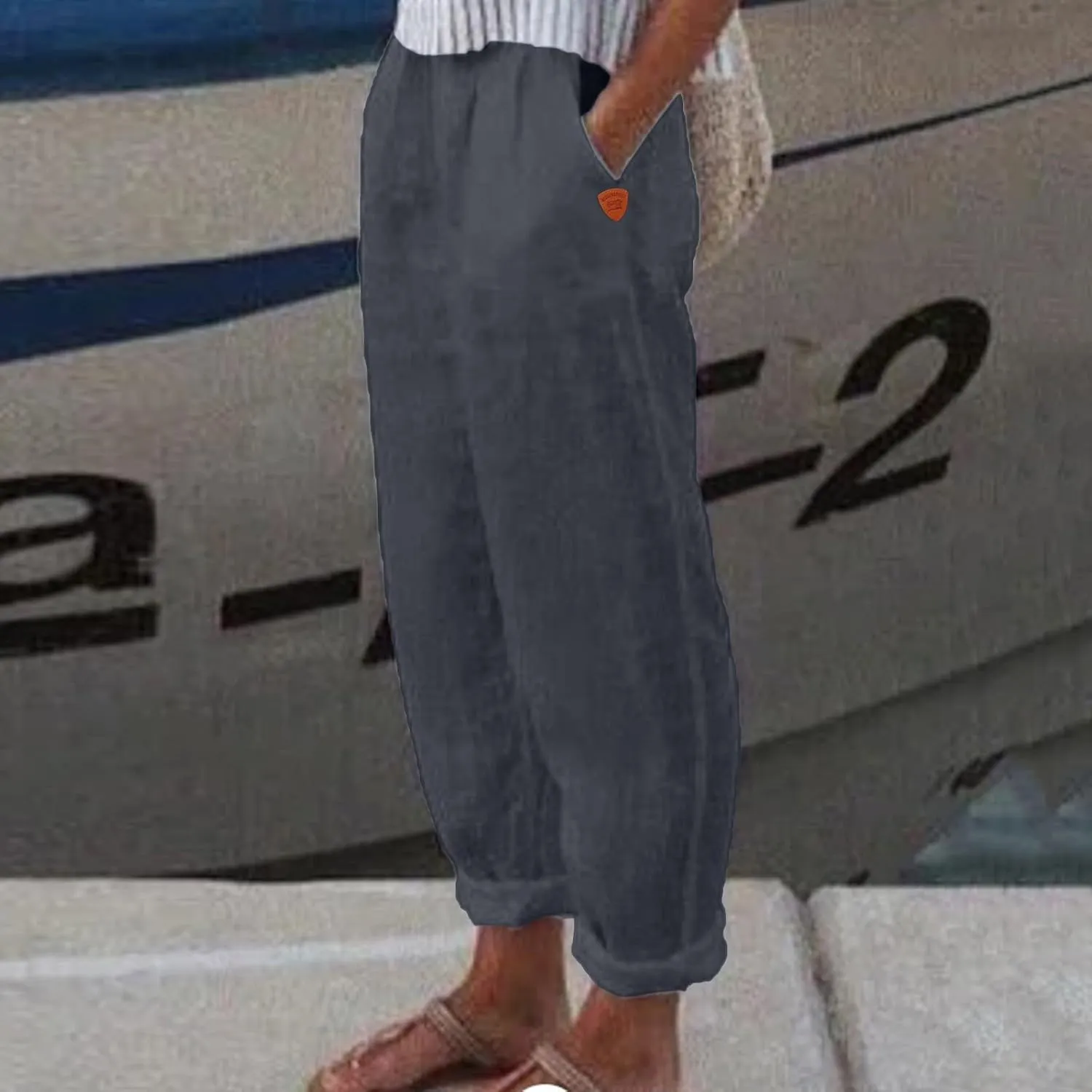 Women's Linen Blend Summer Loose Flowy Palazzo Pants Elastic Waist Stretchy Slim Fit Trouser Vacation