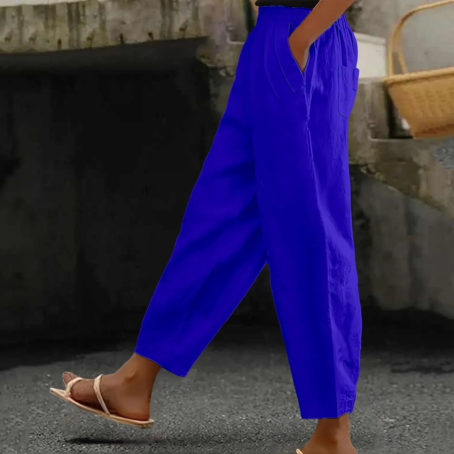 Women's Linen Boho Pants Loose Elastic Waist Wide Leg Lounge Harem Pants Summer Casual Beach Travel Vacation Trousers