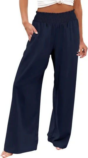 Women's Linen Palazzo Pants Women Smocked Elastic Waist High Waist Loose Comfy Casual Pants with Pockets 2025 Beach