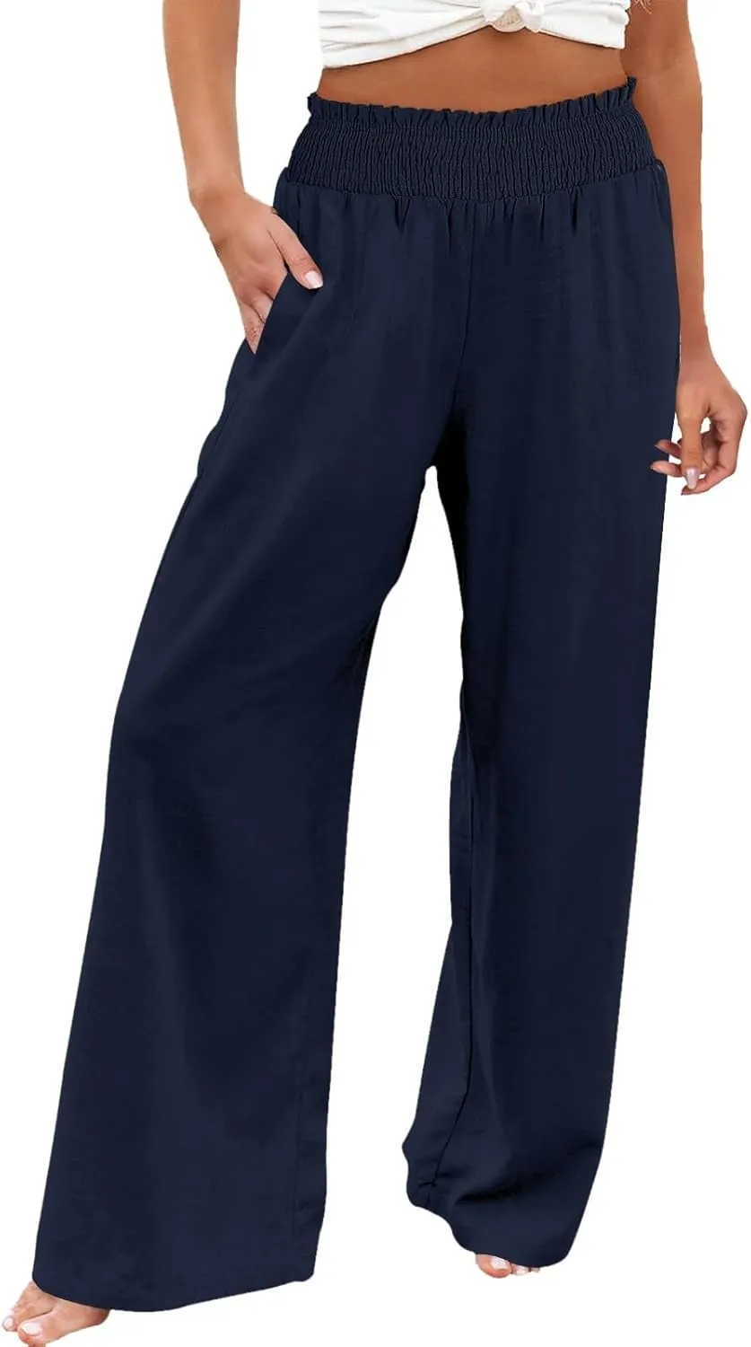 Women's Linen Palazzo Pants Women Smocked Elastic Waist High Waist Loose Comfy Casual Pants with Pockets 2025 Beach