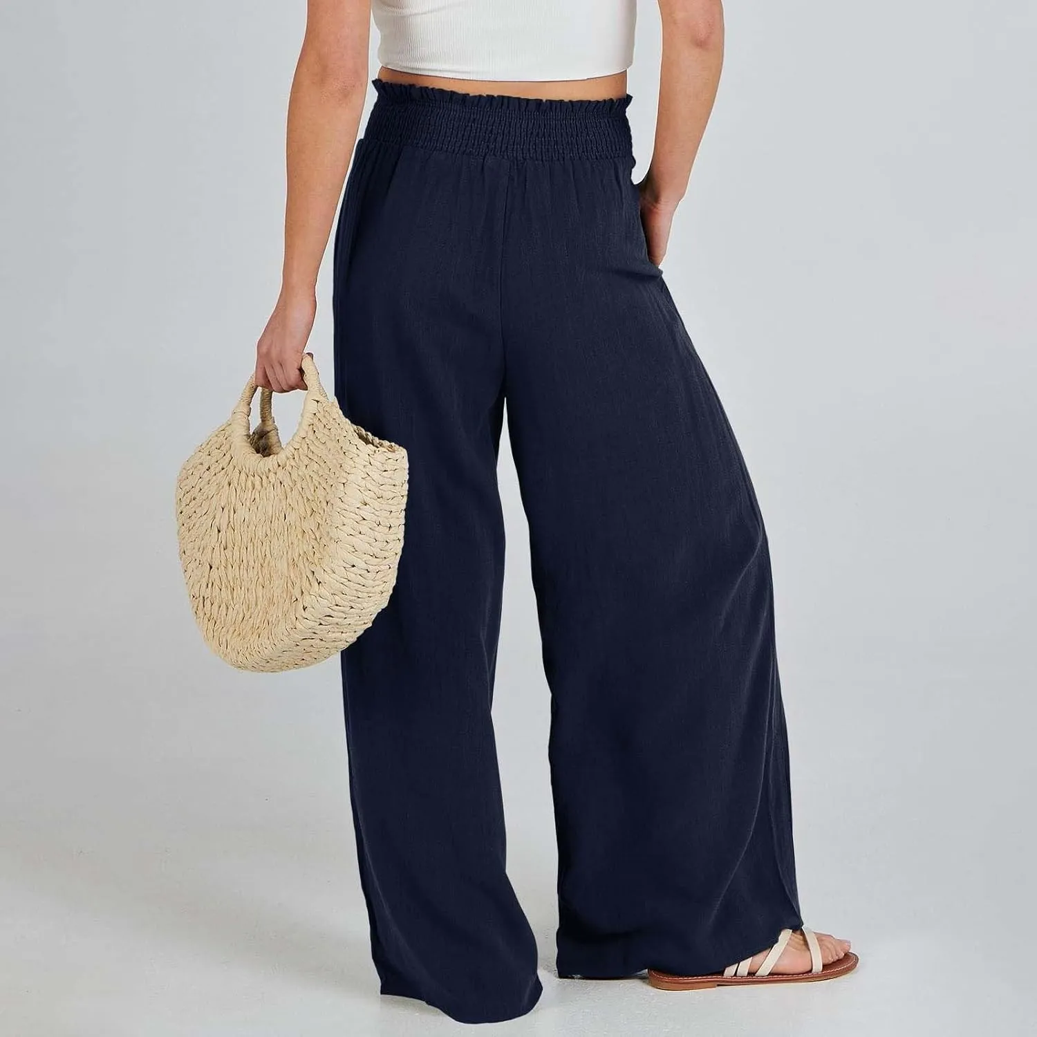 Women's Linen Palazzo Pants Women Smocked Elastic Waist High Waist Loose Comfy Casual Pants with Pockets 2025 Beach