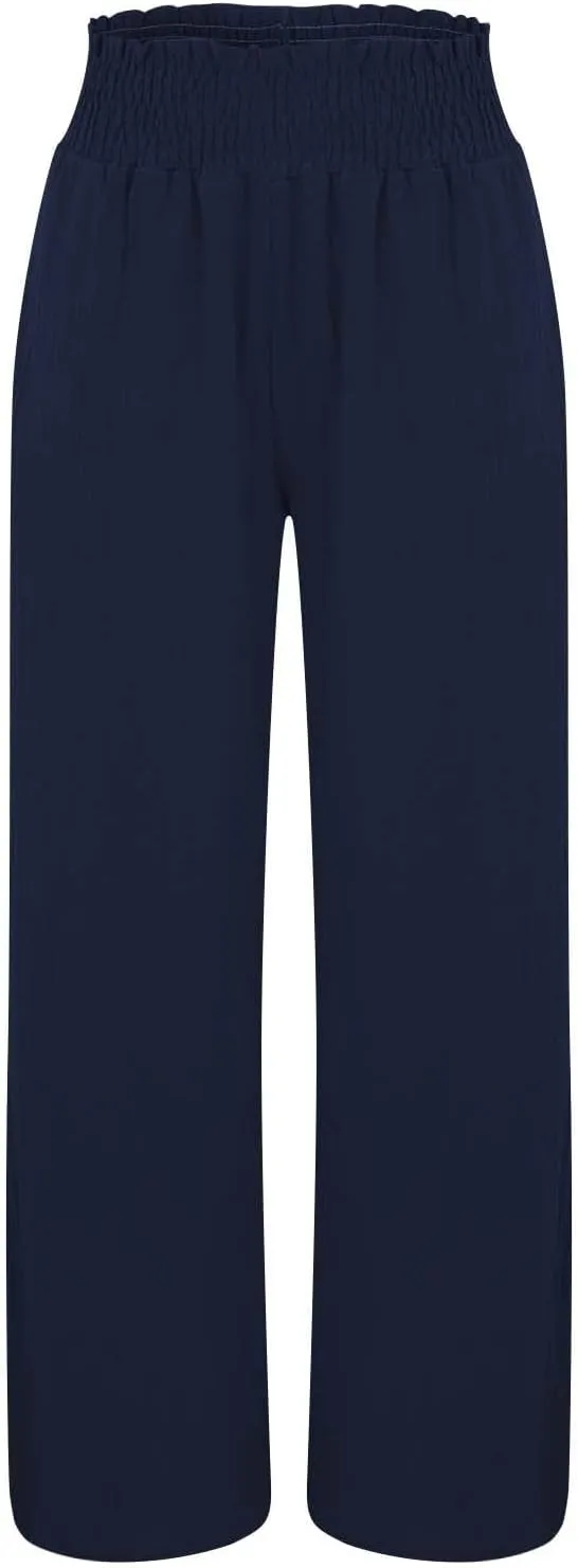 Women's Linen Palazzo Pants Women Smocked Elastic Waist High Waist Loose Comfy Casual Pants with Pockets 2025 Beach