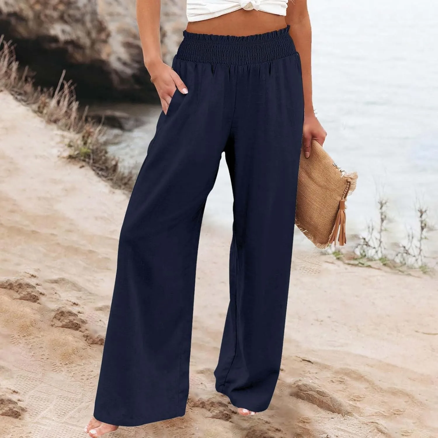 Women's Linen Palazzo Pants Women Smocked Elastic Waist High Waist Loose Comfy Casual Pants with Pockets 2025 Beach
