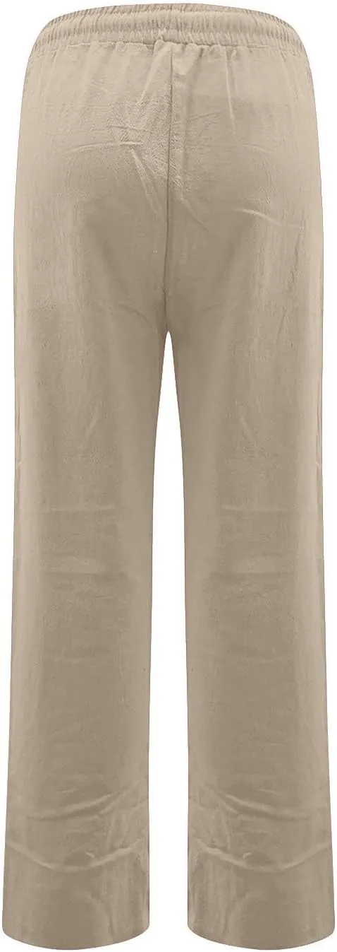 Women's Linen Pants Summer Loose Fit Straight Leg Lounge Pants with Pockets Drawstring Elastic Waist Trousers Pants