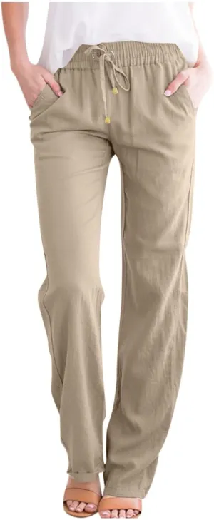 Women's Linen Pants Summer Loose Fit Straight Leg Lounge Pants with Pockets Drawstring Elastic Waist Trousers Pants