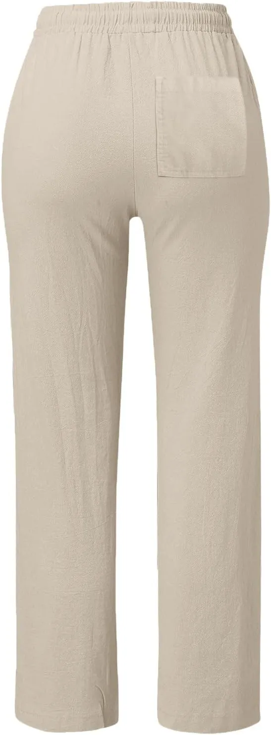 Womens Linen Summer Casual Pant Trousers Elastic Waist Long Lounge Slim Fit Palazzo Pants Trendy