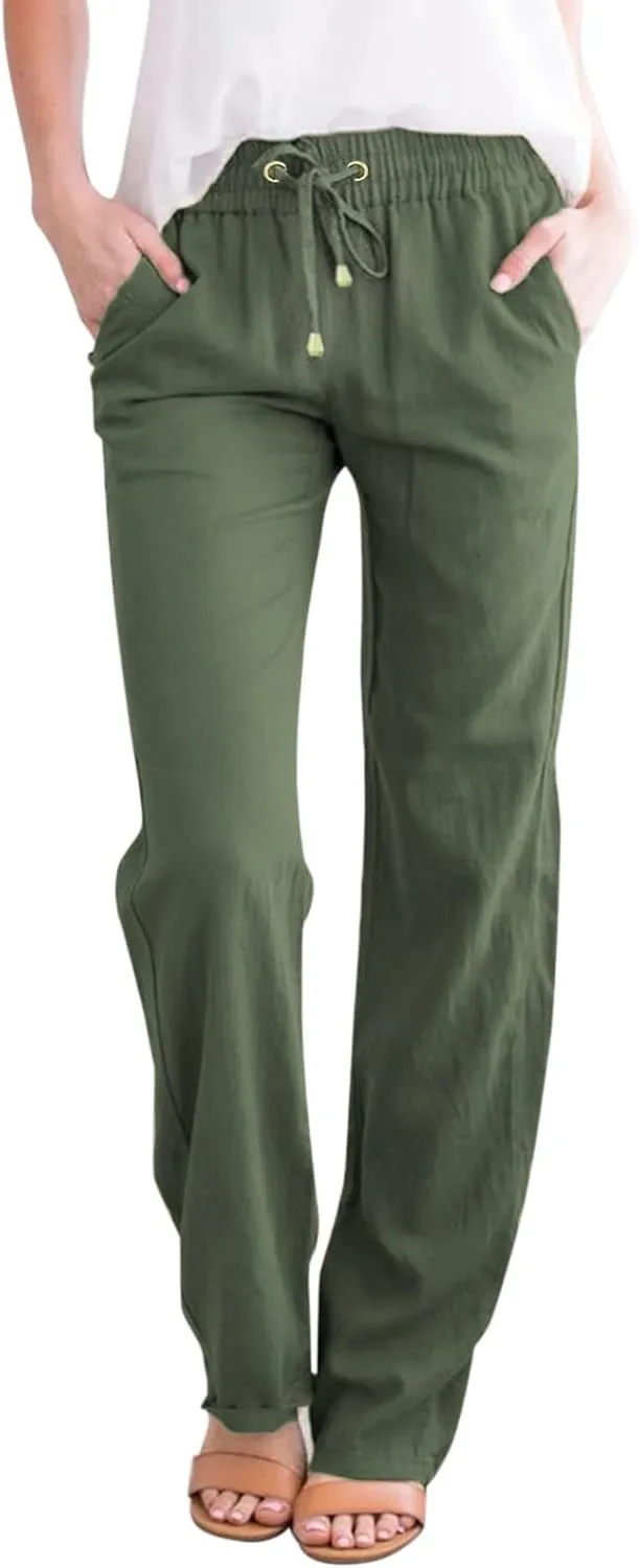 Womens Linen Summer Y2K Streetwear Pant Trousers Elastic Waist Stretchy Loose Fit Pants Vacation