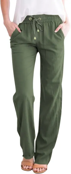 Womens Linen Summer Y2K Streetwear Pant Trousers Elastic Waist Stretchy Loose Fit Pants Vacation