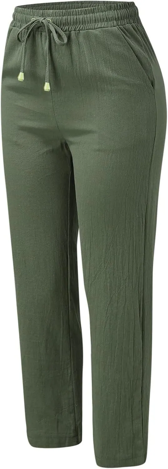 Womens Linen Summer Y2K Streetwear Pant Trousers Elastic Waist Stretchy Loose Fit Pants Vacation