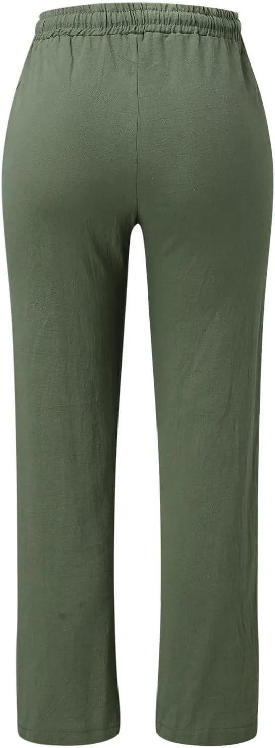 Womens Linen Summer Y2K Streetwear Pant Trousers Elastic Waist Stretchy Loose Fit Pants Vacation