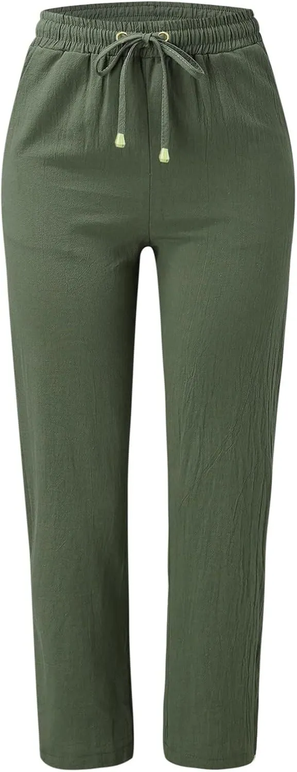 Womens Linen Summer Y2K Streetwear Pant Trousers Elastic Waist Stretchy Loose Fit Pants Vacation