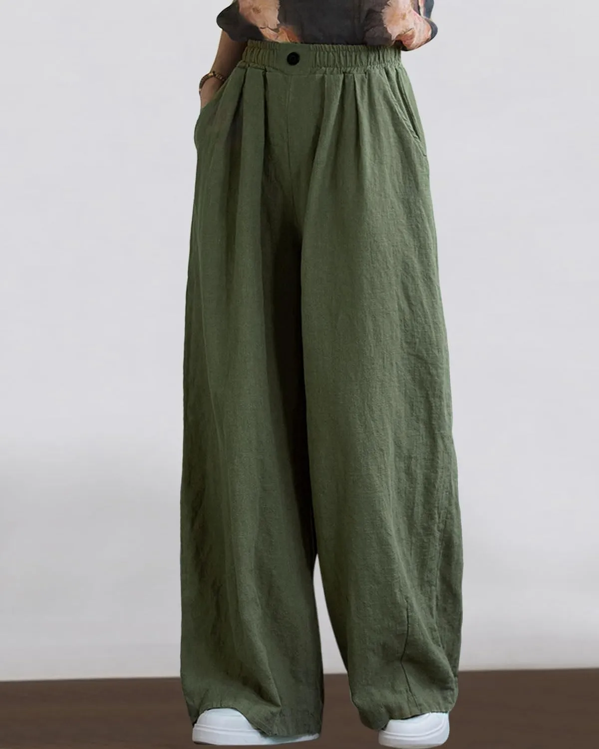 Women's Linen Wide Leg Long Pants Casual Elastic Waist Summer Palazzo Trousers with Pockets
