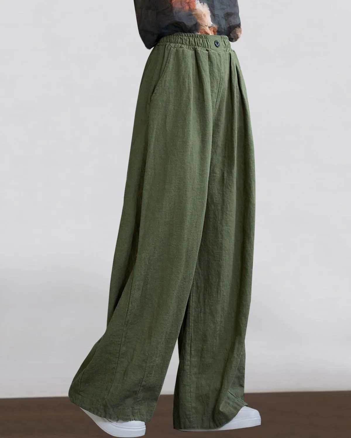 Women's Linen Wide Leg Long Pants Casual Elastic Waist Summer Palazzo Trousers with Pockets