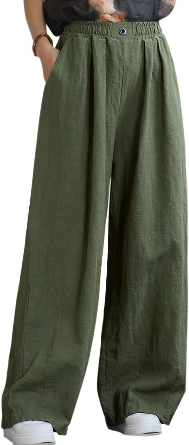 Women's Linen Wide Leg Long Pants Casual Elastic Waist Summer Palazzo Trousers with Pockets