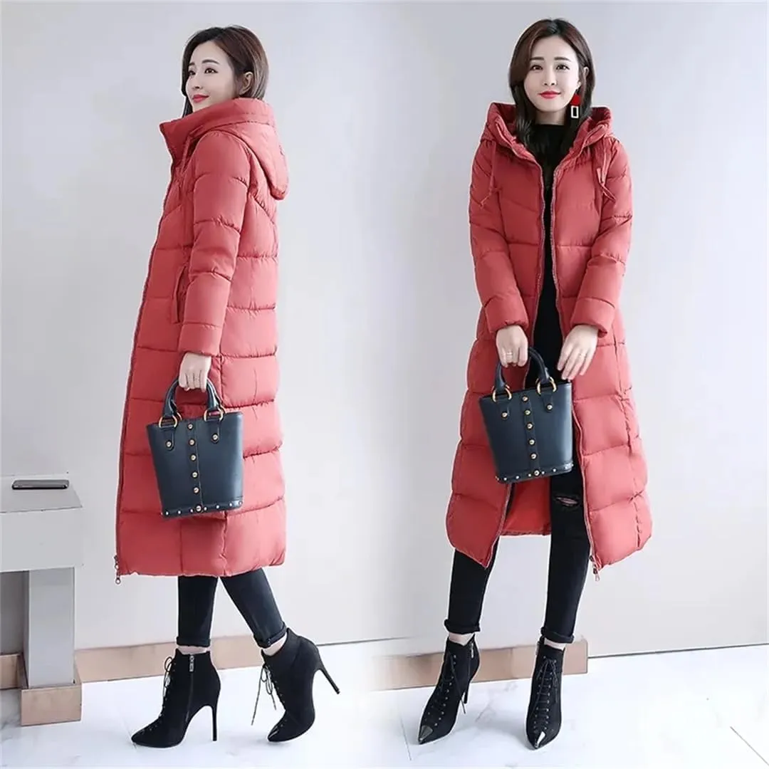 Womens Long Down Cotton Coat Winter Warm Jacket Thicken Warm Padded Puffer Parkas Casual Hooded Jacket Overcoat
