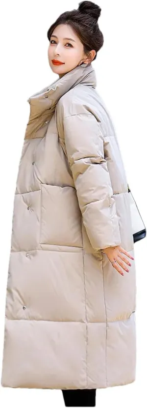 Womens Long Winter Down Cotton Coat Jacket Warm Cotton-Padded Coat Single-Breasted Puffer Parkas Outwear