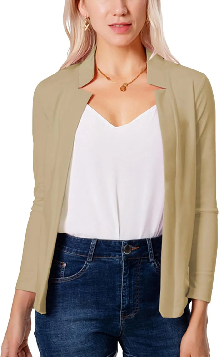 Women's Open Front Work Blazer Business Long Sleeve Jackets Solid Color Office Short Cardigans