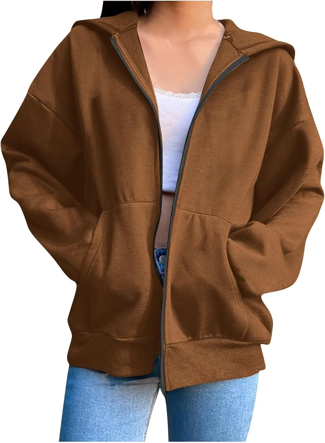 Women's Oversized Hoodies for Women Zip Up Long Sleeve Sweatshirt Casual Plain Hooded Jackets Cute Coat with Pockets