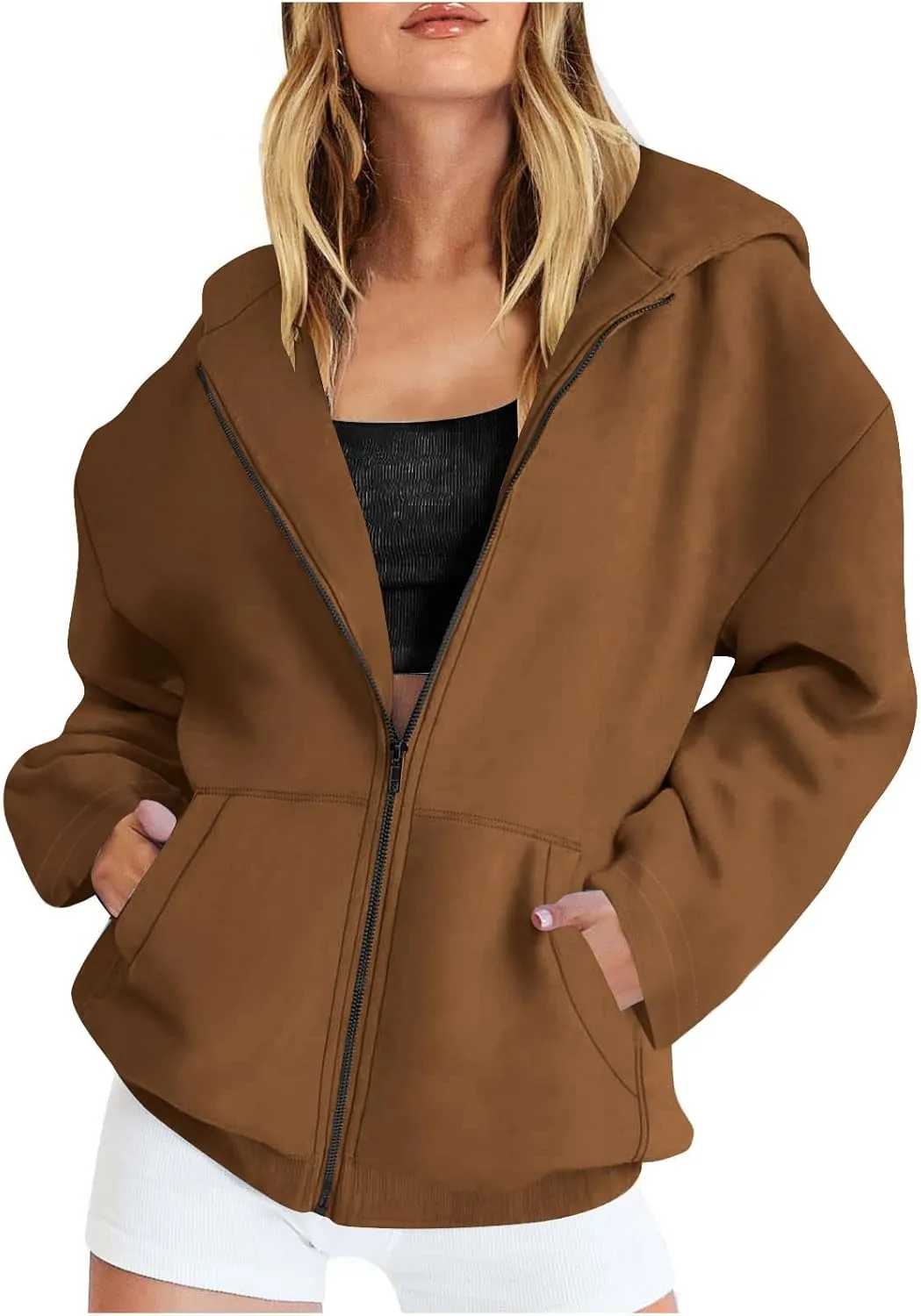Women's Oversized Hoodies for Women Zip Up Long Sleeve Sweatshirt Casual Plain Hooded Jackets Cute Coat with Pockets