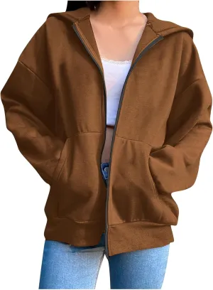 Women's Oversized Hoodies for Women Zip Up Long Sleeve Sweatshirt Casual Plain Hooded Jackets Cute Coat with Pockets