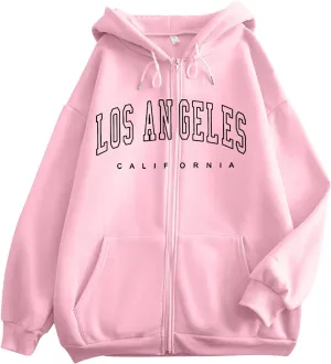 Women's Oversized Hoodies Zip up LOS ANGELES Printed Preppy Pullover Y2K Fleece Casual Jackets 2024 Winter Outwear