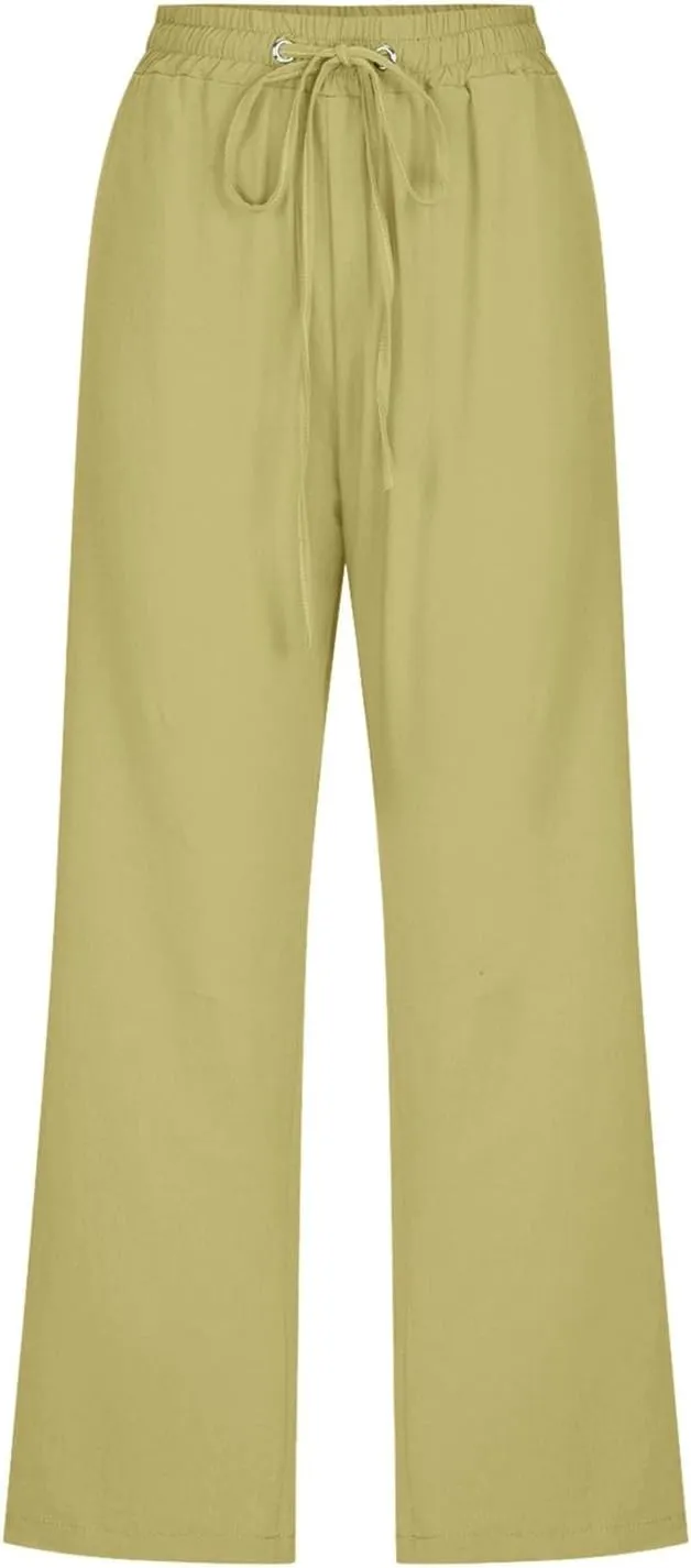 Womens Plus Size Capris Pants Cotton Linen Casual Summer Drawstring Elastic Waist Wide Leg Loose Cropped Solid Trouser