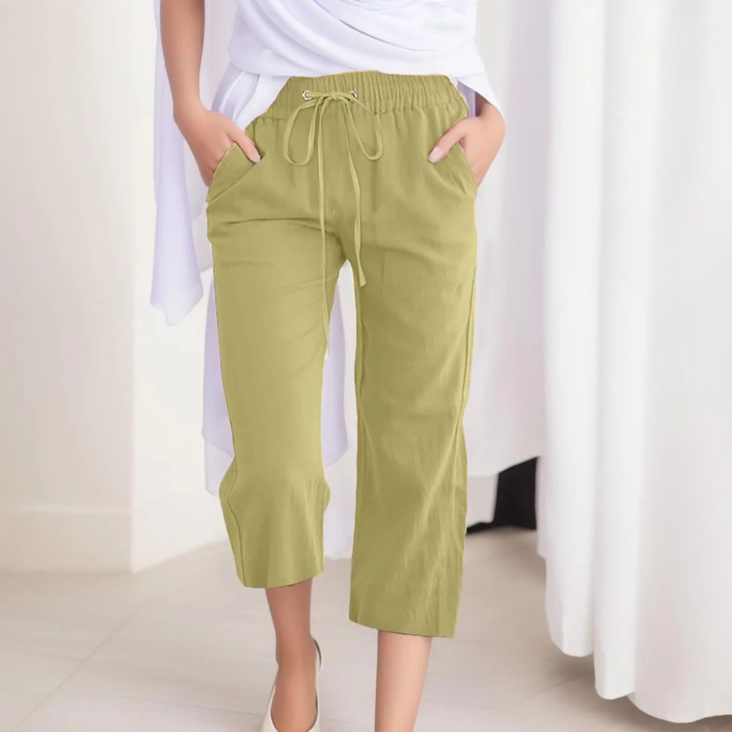 Womens Plus Size Capris Pants Cotton Linen Casual Summer Drawstring Elastic Waist Wide Leg Loose Cropped Solid Trouser